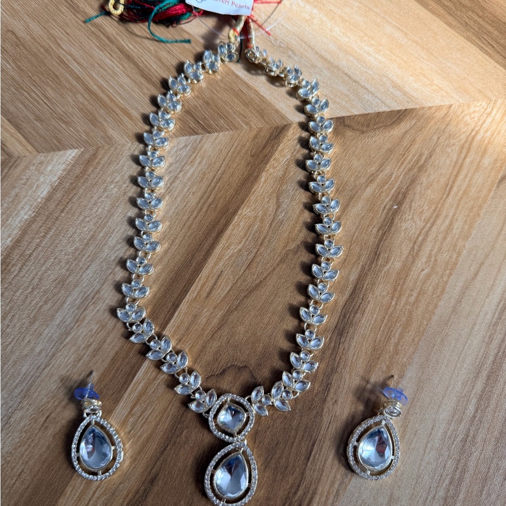 Elegant Indian Gold-Tone Clear Crystal Leaf Necklace & Earring Set